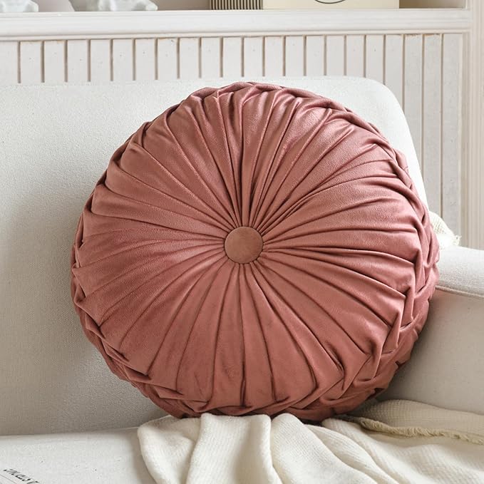 Teieas 2 Pcs Round Throw Pillows Decorative Pumpkin Velvet Boho Pleated Bed Pillows Back Support for Couch Chair Dorm Car 14.96'' (Blush)