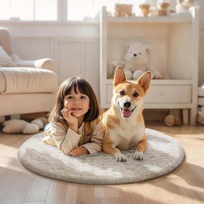 Ophanie Round Rug 2Ft Ivory Circle Area Rug, Fluffy Fuzzy Bedroom Carpet, Plush Soft Shaggy Indoor Floor Cream Living Room Rugs for Kids Home Decor Aesthetic, Nursery