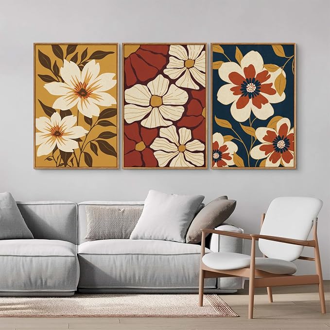 Rantodecor Large Vintage Floral Framed Canvas Wall Art Set, Mid Century Modern Wall Decor, Minimalist Retro Flowers Art Paintings, Beige Neutral Botanical for Bedroom Living Room Office 24"x36"x3
