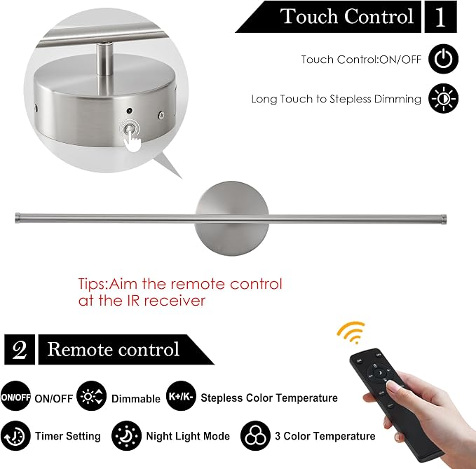 KARTOOSH Removable Battery Operated Wall Sconces with Remote Control 350°Rotate LED Wireless Wall Lights with 3 Color Temperatures & Dimming for Bedroom, Hallway,28.3 Inch (2 Pack)