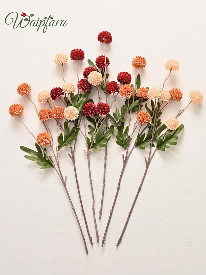 Waipfaru 10pcs Fake Silk Pompon Mum Artificial Fall Flowers, Faux Mini Chrysanthemums, Fall Decor for Centerpieces Wedding, No vase, Multicoloured