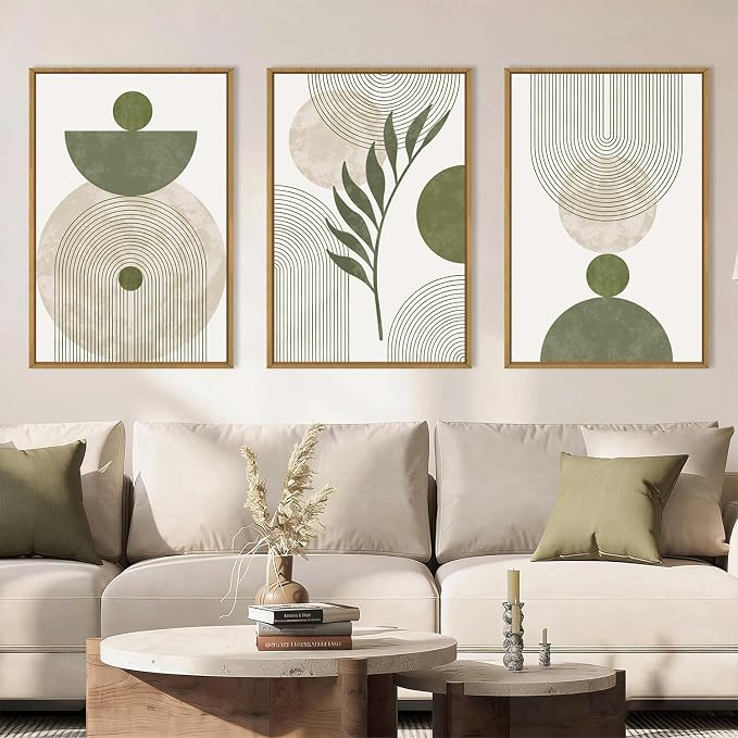 DRACIT Large Sage Green Boho Framed Canvas Wall Art Set,Abstract Modern Beige Green Arch Wall Decor,Minimalist Leaf Lines Artwork for Living Room,Bedroom,Office-16 x24 x3