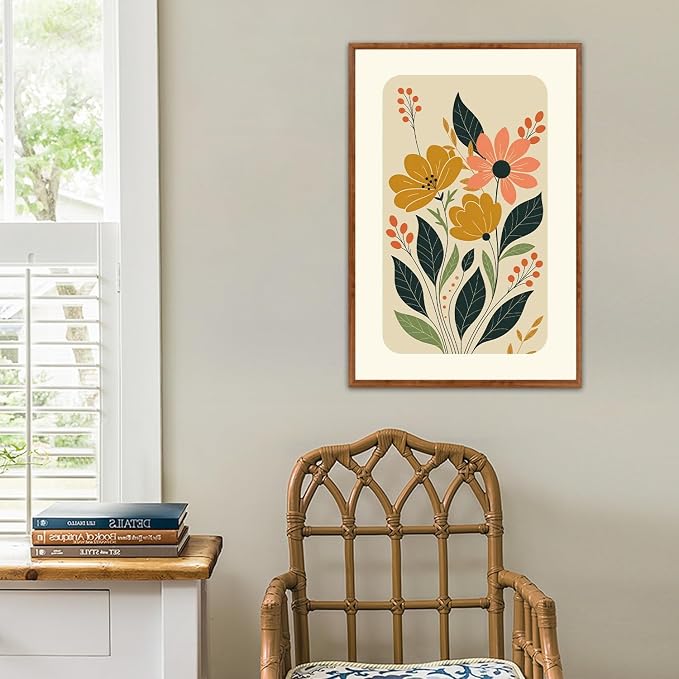 LHIUEM Boho Floral Botanical Framed Canvas Wall Art Set,Abstract Vintage Beige Wall Decor,Minimalist Wildflowers Artwork for Living Room,Bedroom,Dining Room,Office -24"x36"x3