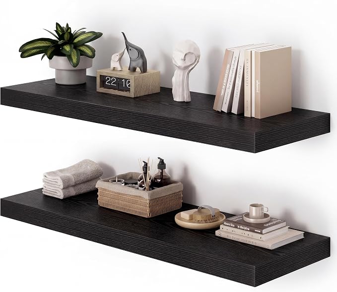 Heimlove 36 Inch Long Floating Shelf for Wall, 12" Deep Black Floating Shelves Shelves for Bedroom Living Room Bedroom, Mounted Shelves for Storage Book Decor, Set of 2