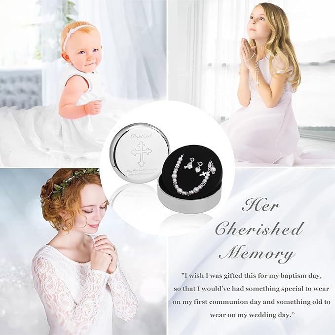 Tryuunion Baptism Bracelet in Sterling Silver and Cultured Pearls for Baby Girls, Comes with a Unique Silver-plated Jewelry Keepsake Box, Christening and Baptism Gifts For Girl, Includes 3 Charms