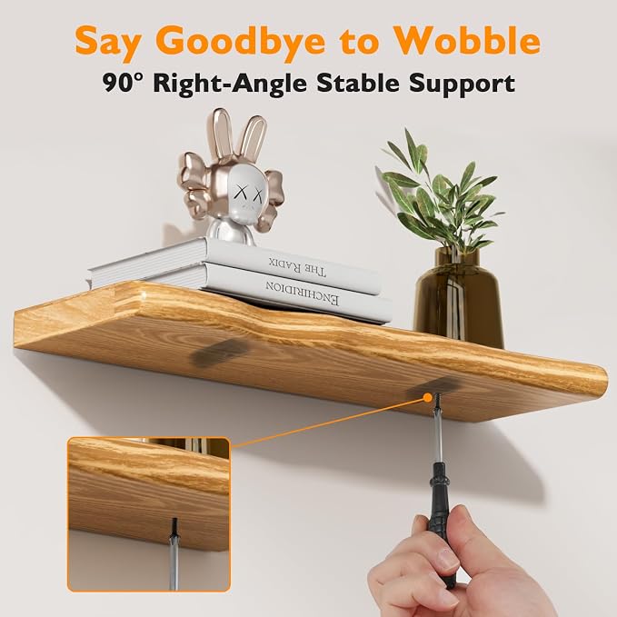 Floating Shelves for Wall 24 Inch Wooden Floating Shelves Live Edge Shelf with Unique Natural Grain Wall Mounted Rustic Pine Wood Shelf for Living Room Bedroom Kitchen Bathroom (Natural)