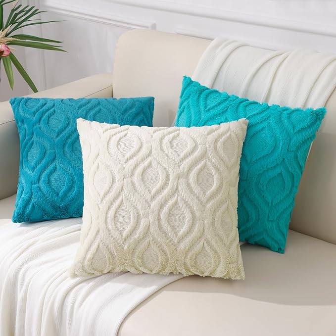 decorUhome Summer Throw Pillow Covers 16x16 Inch Set of 2, Soft Plush Faux Wool Turquoise Solid Couch Pillow Covers, Accent Farmhouse Neutral Square Pillow Cases for Sofa Bed Living Room
