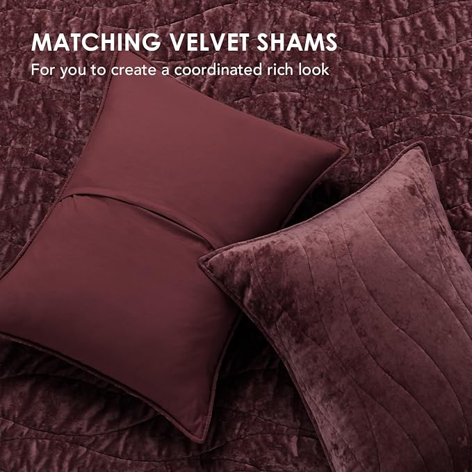 EverGrace Luxury Velvet Quilt King Size, Ultra Soft Wave Crushed Velvet Bedding Set, Lightweight Quilted Comforter Set for All Season, Oversized Bedspread Coverlet with 2 Shams, Burgundy