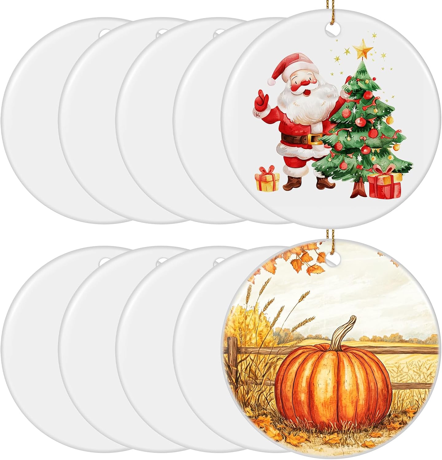 Sublimation Ornament Blanks Bulk 2.83 Inch Round Blank Ornament Discs with Gold String for Crafting DIY Personalized Xmas Tree Keepsake Crafts Gift 10 Pieces