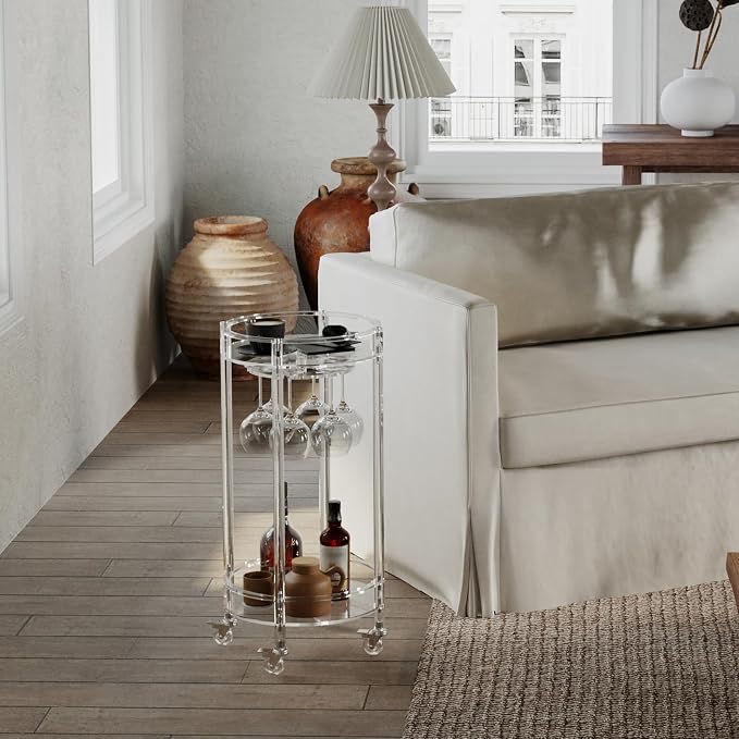 Eglaf Acrylic Bar Cart, Rolling Round Bar Cart, 2-Tier Home Serving Cart | Clear Bar Cart with Lockable Wheels, Glass Holders, for Bar, Living Room, Kitchen, 15.7" D x 15.7" W x 31.1" H