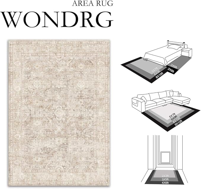 10x14 Beige Area Rug for Living Room Bedroom Neutral Soft Non Slip Rug Low Pile Vintage Distressed Large Carpet for Dining Room Nursery Office Indoor