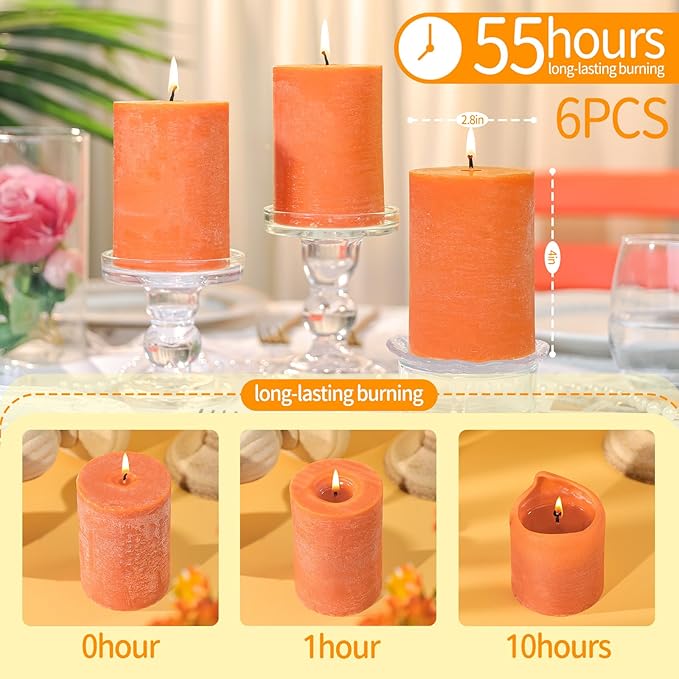 Burnt Orange Rustic Pillar Candles 6 Pack | 2.8" x 4" Soy Wax Candles, 55 H Long Burning, Smokeless Unscented Rustic Candles for Wedding, Home Decor, Farmhouse, Thanksgiving