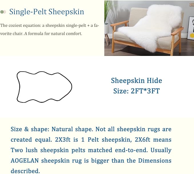 AOGELAN Premium Genuine Sheepskin Rug, Genuine Sheepskin Natural Fluffy Fuzzy Lambskin Fur Area Rug for Kids Bedroom Sofa Chair Seat Cover Pets Dogs Mat Single Pelt/2'x 3' White/Ivory