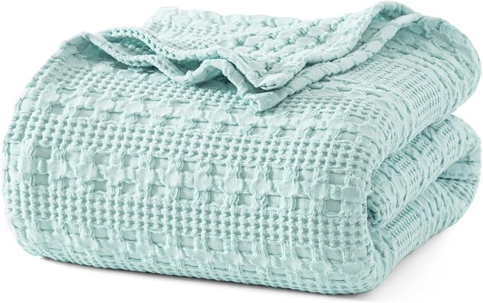 PHF 100% Cotton Waffle Blanket Queen Size for Bed, Lightweight Breathable and Soft for Summer, Luxury Aesthetic Waffle Weave Blanket for Home Decor & Gifts for Women, 90"x90", Mint