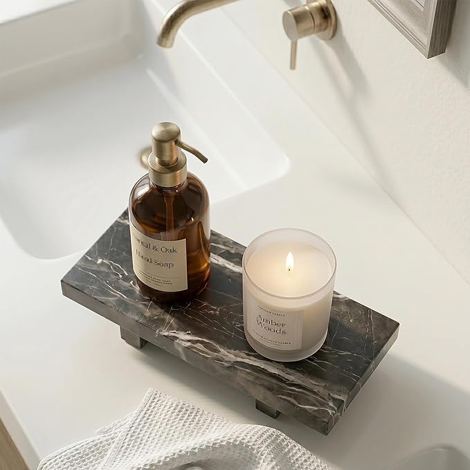 Marble Soap Tray for Bathroom Kitchen Countertop 8.6" x 3.6" Waterproof Soap Dish Holder, Stone Pedestal Stand for Sink, Vanity, Counter Luxury Decorative Tray Farmhouse Decor Black (WH111)