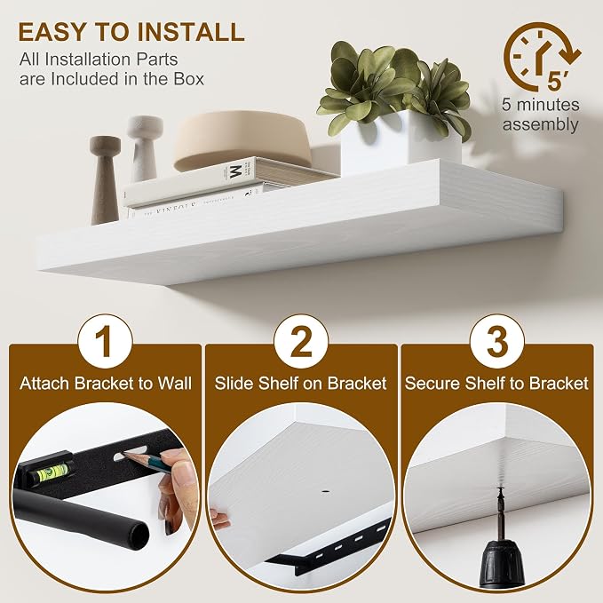 Fun Memories Floating Shelves for Wall, 48Inch Long Floating Shelves Set of 1, Hanging Shelf with Invisible Brackets, Wood Shelves for Living Room, Bedroom, Kitchen, White