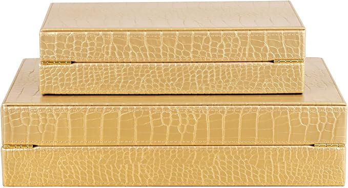 HofferRuffer Faux Leather Decorative Boxes Set of 2, Large Nesting Keepsake Box Accessory Organizer Jewelry Organizer with Hinged Lid, Stacking Storage Box Container for Home or Office (Gold)