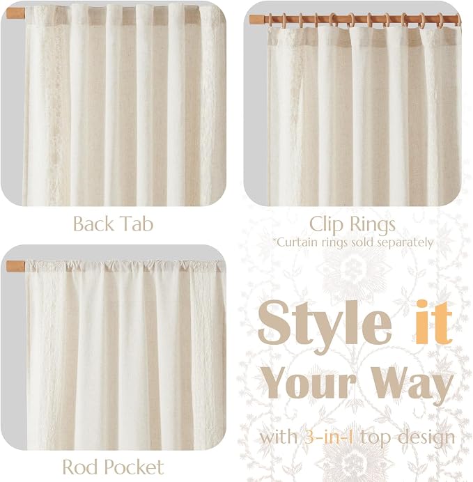 jinchan Weslie Boho Curtains for Bedroom Ivory Vintage Floral Farmhouse Curtains 84 Inches Long Linen Drapes for Living Room Embroidered Light Filtering Drapes Rod Pocket Ivory on Beige 2 Panels