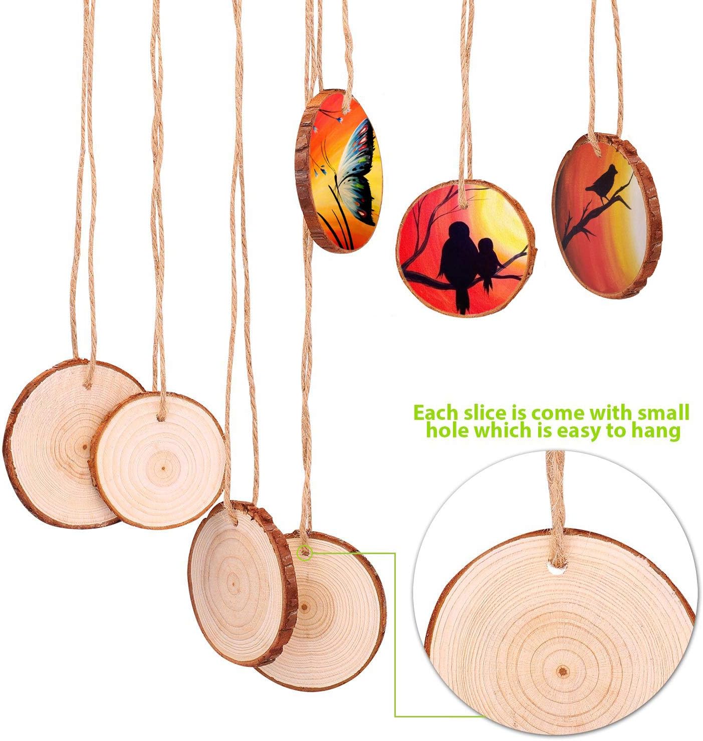 Fuyit Natural Wood Slices 30 Pcs 2.8-3.1 Inches Craft Wood Kit Unfinished Predrilled with Hole Wooden Circles Tree Slices for Arts and Crafts Christmas Ornaments DIY Crafts