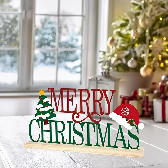 COCHIE Metal Merry Christmas Sign, Christmas Tree Table Centerpieces Decorations for Home, Office, Shelf, Mantel, Indoor, Xmas Red and Green Party Decor Supplies (XMAS A)