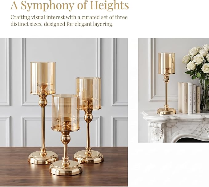 Gold Hurricane Candle Holders - Set of 6 Tall Candlestick Holders Windproof Taper Candle Holders, Metal Stand for Table Centerpiece Outdoor Indoor Wedding Party Holiday Decor