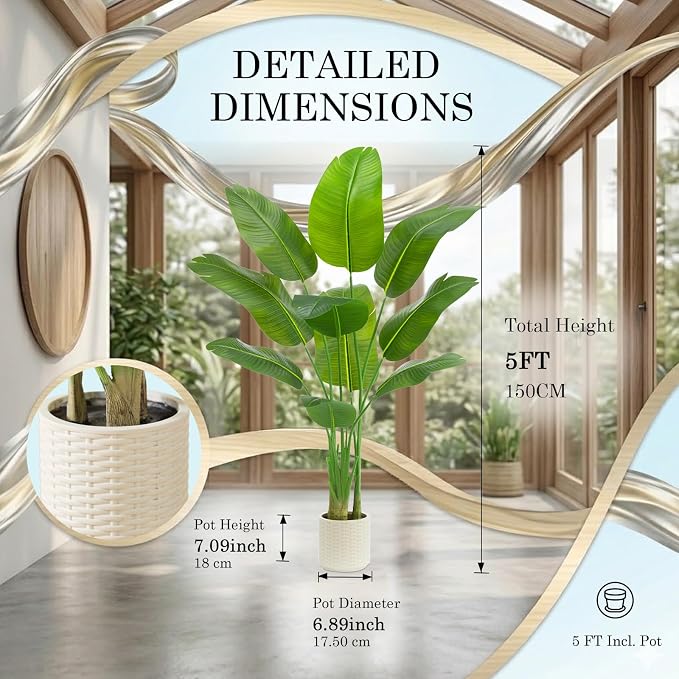 Artificial Bird of Paradise Plant：5FT Fake Traveler’s Palm Faux Banana Tree Elephant Ear Leaf Tall Silk Floor Plant in White Pot for Home Decor Indoor Office Entryway Balcony Patio café Hotel