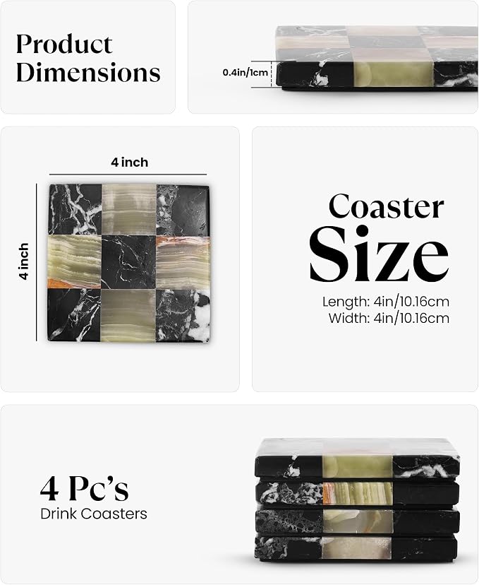 Marble Coasters Set of 4, Zebra Black & Green Handmade 4 inch Square Natural Marble Coaster, Elegant Drink Checkered Coasters for Coffee Table, Stylish Bar Accessories & Home Décor