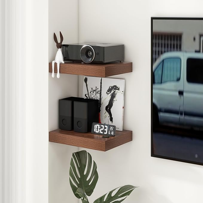 FLYJOE 12 Inch Deep Floating Shelves 16'' Walnut Floating Shelves Set of 2 | 12'' Deep Shelves for Wall, 16'' x 12'' Rustic Wood Shelves for Living Room Bathroom Kitchen Bedroom