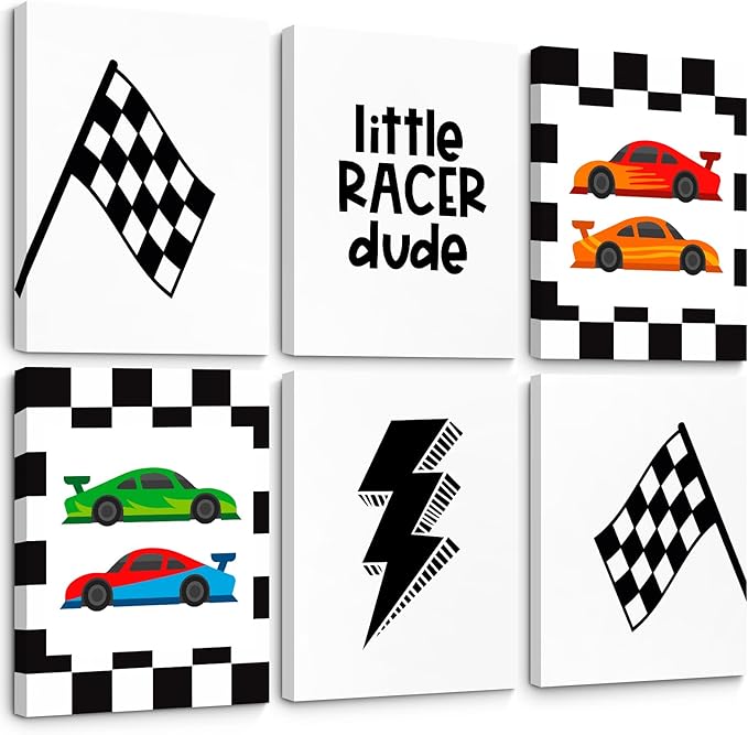 Race Car Wall Art Pictures Boys Room Wall Decor Nursery Toddler Canvas Wall Art Kids Playroom Art Prints Boys Race Car Poster Nursery Artwork Set of 6 for Bedroom 12x16 Inch Framed