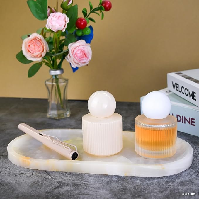 Marble Tray for Kitchen Counter & Bathroom Countertop,Stone Vanity Tray for Dresser Decor,Small Storage Tray for Perfumes, Jewelry,Candles,Durable & Waterproof (Transparent White)