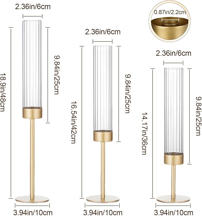 Garvee Gold Hurricane Candle Holders Set of 3, Taper Candlestick Holders with Ribbed Glass Cylinder Sleeves, Elegant Table Centerpiece for Wedding, Birthday, Christmas, Home Decor