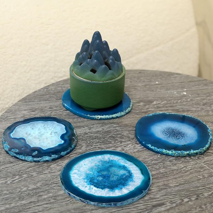 Blue Geode Agate Coasters for Drinks Set of 4 | Natural Stone Coasters 3.5-4", Decorative Gemstone Coasters for Coffee Table, Bar or Desk, Housewarming Gift for Friends