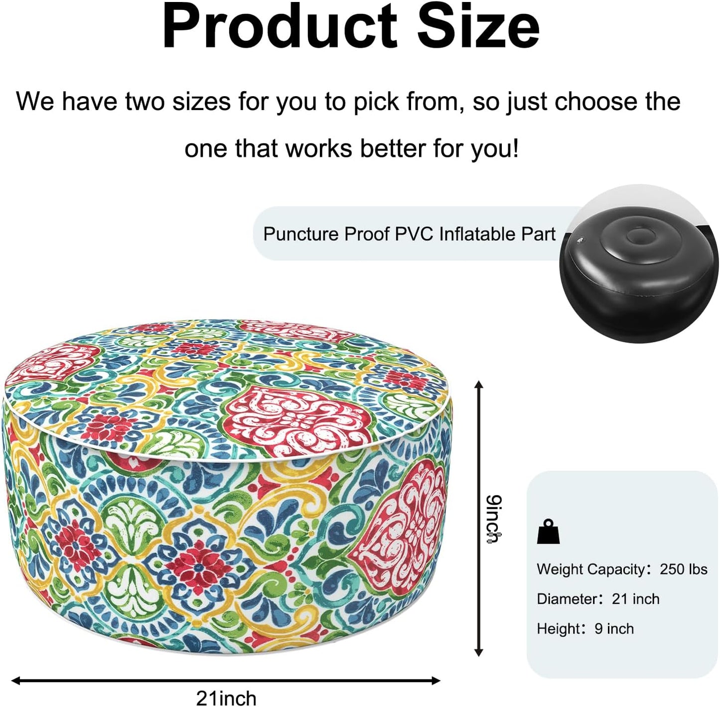 Inflatable Ottoman Stool D21 xH9 for Outdoor/Indoor Use, Water Repellent Patio Foot Rest Stool with Portable Handle,Round Pouf Ottoman Suitable for Garden,Deck and Camping - Damask Red