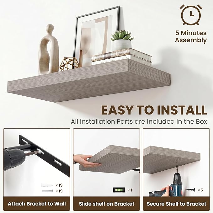 Acovy 24 Inch Floating Shelves for Wall,12" Deep Floating Shelf Set of 2 with Invisible Brackets,Rustic Farmhouse Wall Mounted Shelf for Kitchen,Bathroom,Living Room,Bed Room,Grey