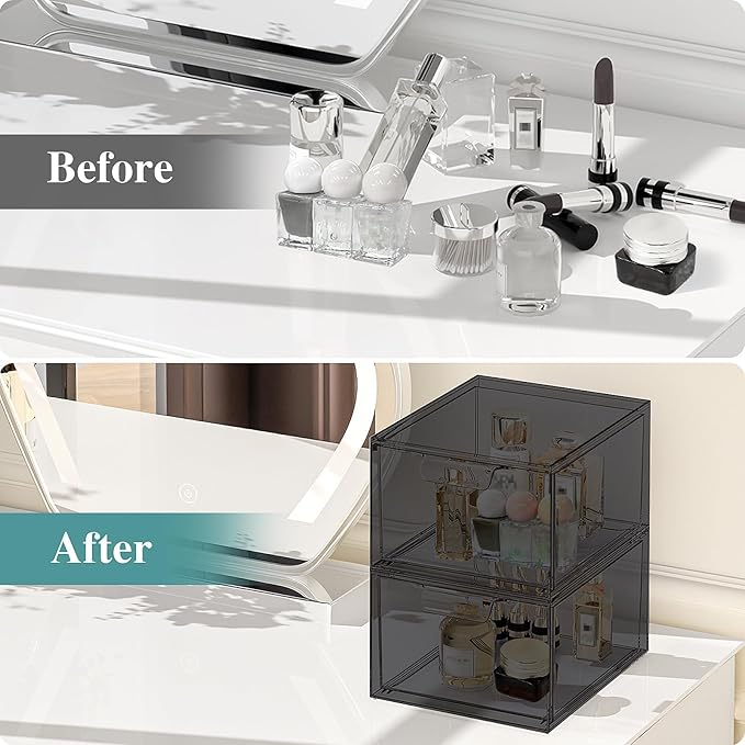 SpaceHacks 4 Pack Stackable Makeup Organizer and Storage, Acrylic Organizers，Clear Plastic Storage Drawer with Pull-Out Handles for Vanity, Undersink, Kitchen Cabinets, Pantry, Black