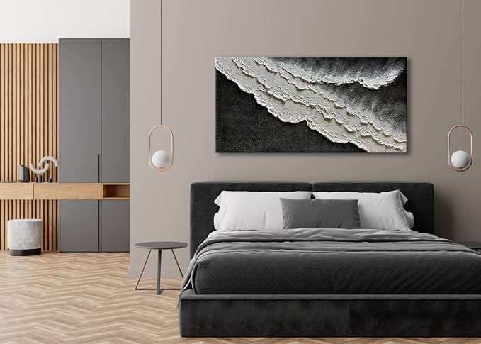 zoinart Hand Painted Large Textured Wall Art, 60x30 Inches Abstract Modern Ocean Wave Paintings, Black and White Beach Wall Art for Living Room Bedroom Wall Decor