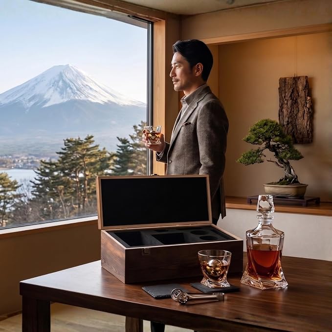 Ember Japanese Crystal Whisky Decanter Set in Wood Storage Box, 4 Tumbler Rocks Glasses & Freezer Chillers - Sake, Scotch, Vodka, Elegant Birthday & Birth Day Barware Gifts, Japan Designed Gifts