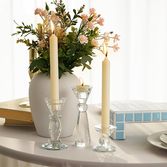 DN DECONATION Glass Candle Holder 3 Pcs, Clear Crystal Candlestick Holders | Tealight Candle Holders, Aesthetic Home Decor for Table Centerpiece, Wedding Decorations, Housewarming Gift, Living Room