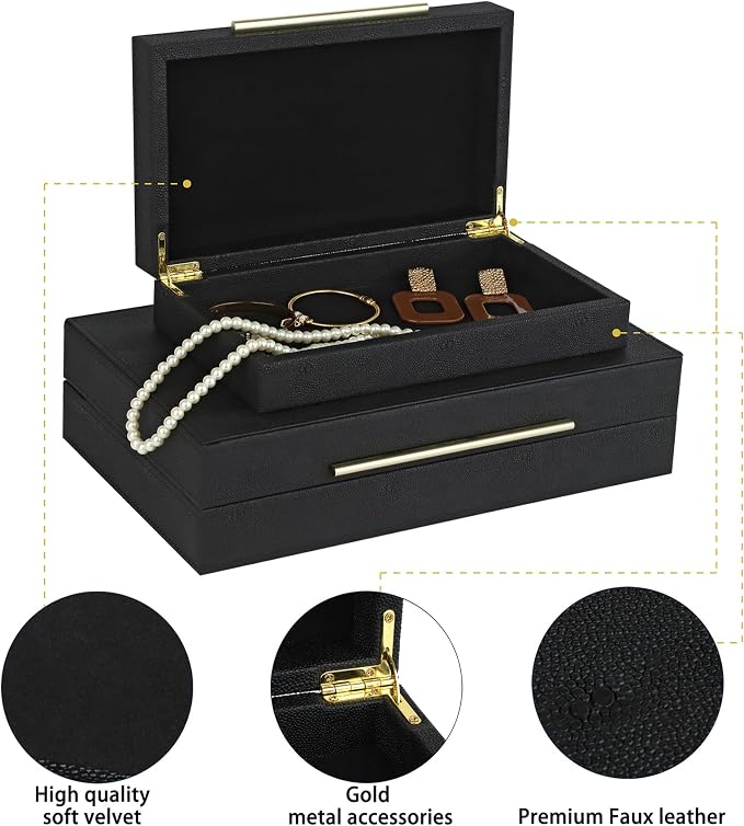 HofferRuffer Faux Leather Decorative Boxes Set of 2, Large Nesting Keepsake Box Accessory Organizer Jewelry Organizer with Hinged Lid, Stacking Storage Box Container for Home or Office (Black)