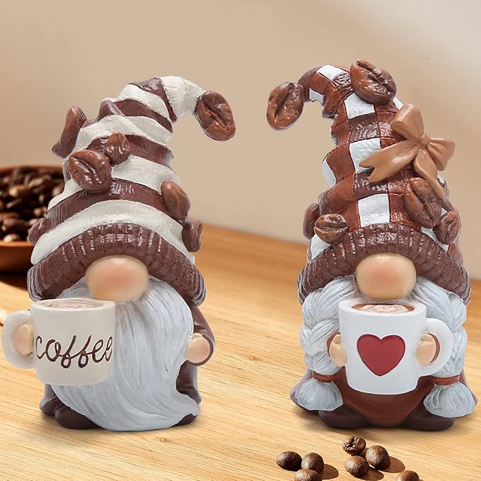 Hodao Gnome Decor Set of 2 Resin Coffee Lover Gifts with Mug, Cute Tiered Tray Figurines for Kitchen Shelf, Farmhouse Countertop, Desktop Accent, Spring Home Display