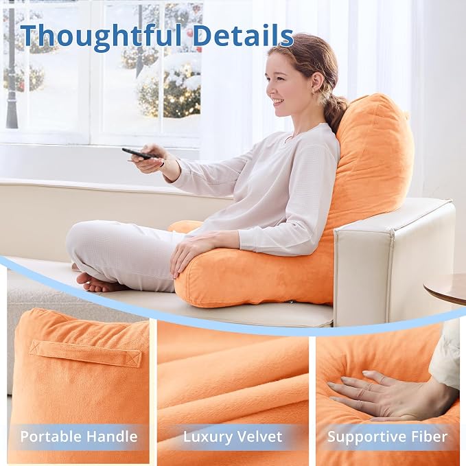 Sasttie 25-inch Reading Pillows for Sitting in Bed Adult, Jumbo Velvet Back Pillow Bed Sitting Up, XL High Back-Rest Support Cushion for Sit Up on Couch & Floor, Oeko-Tex Certified, Orange