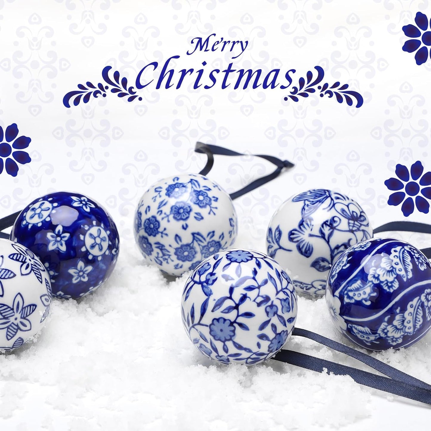 Cindeer 6 Pcs Blue and White Christmas Porcelain Balls 2.4 Inch Porcelain Chinoiserie Ornament Bulk Christmas Ceramic Hanging Decorative for Tree Home Xmas Party (Novelty Style)