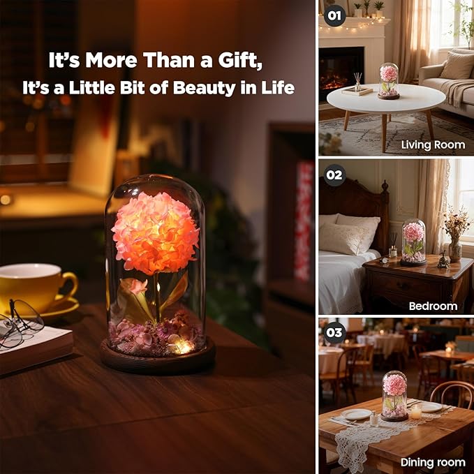 Forever Hydrangeas in Glass Dome,Forever Preserved Flowers Gifts Mothers Day Birthday for Grandma Women Mom Wife,Fresh Flowers for Delivery/Pink Hydrangea
