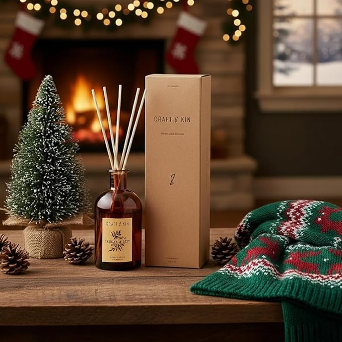Craft & Kin Lily & Jasmine Diffuser Reed Diffuser | All Natural Essential Oil & 8 Rattan Scent Sticks | Reed Diffusers for Home, Bathroom | Long Lasting Home Fragrance in Amber Glass, 5.75oz