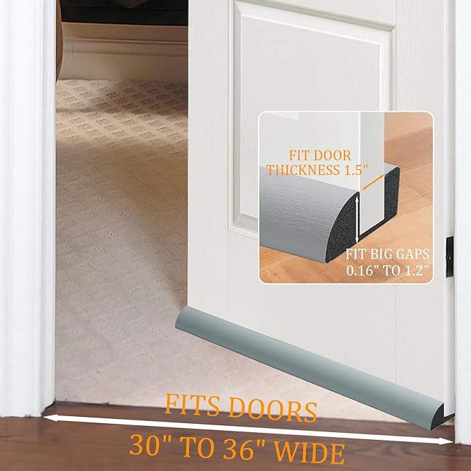 2 Pack Pack Door Draft Stopper 36" Adjustable Under Door Draft Stopper Soundproofing 30 Inch to 36 Inch Noise Blocker Seal Large Gap up to 1.2", Easy to Install Grey