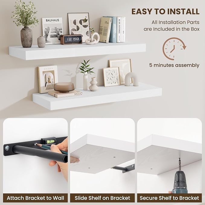 Fun Memories 72 Inch Fireplace Mantel Shelf, 12 Inch Deep Shelves for Display & Wall Storage, Rustic Wood Wall Shelf, Extra Long Floating Shelves for Living Room Laundry Room, White, Set of 2