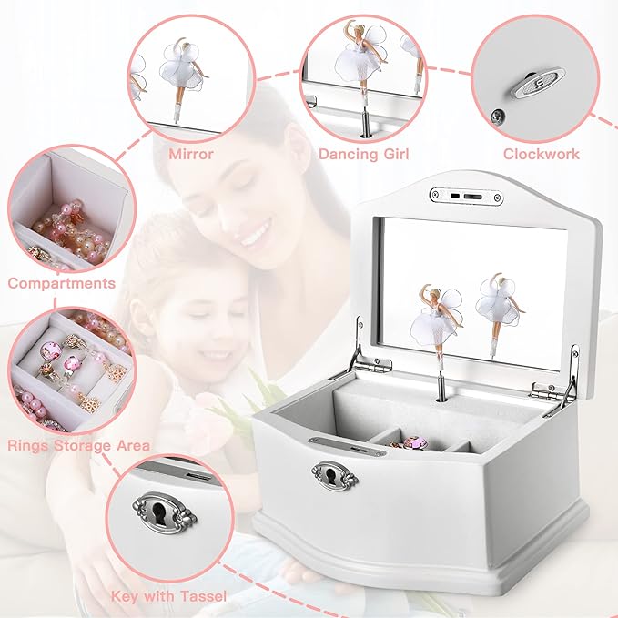 Wooden Ballerina Medium White Musical Jewelry Box with Mirror and Lock for girls，Kid's Jewelry Storage Music Box,Gifts for Christmas,Birthday and all Holidays