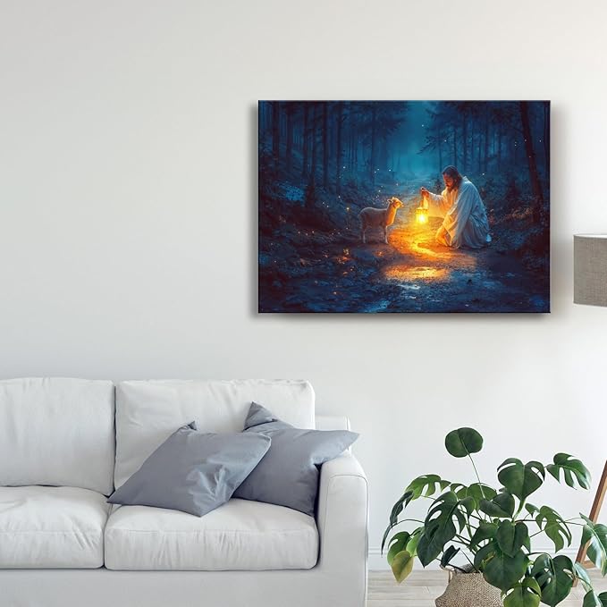 Christian wall art decor for prayer room ,Jesus and Lamb canvas Wall decor, Jesus Running After Lost Lamb Picture for Home Decor, Baptism gifts for boys-girl, serenity prayer wall art A-393 (24"X16")