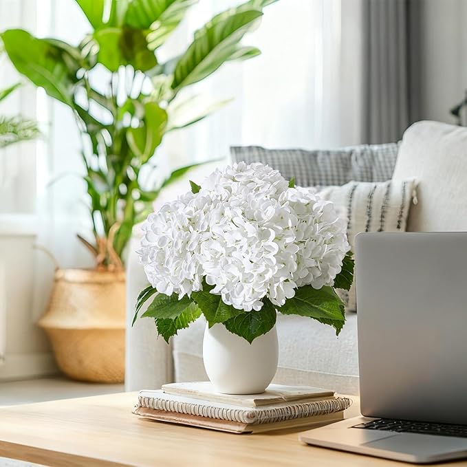 4 Pcs Artificial Hydrangea Silk Flowers with Stems, 19.7" White Faux Hydrangeas Bouquet, 240 Petals, UV Resistant & Waterproof Fake Flower for Outdoor Wedding Home Decor