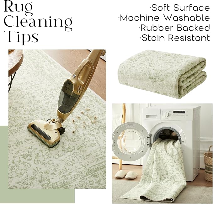 Light Green Nursery Rug Boy Girl 6x9 Area Rugs Washable Non Slip Low Pile Soft Boho Neutral Floral Print Throw Carpet for Living Room Dining Room Sage Green Dining Room Rugs for Under Table 6 x 9